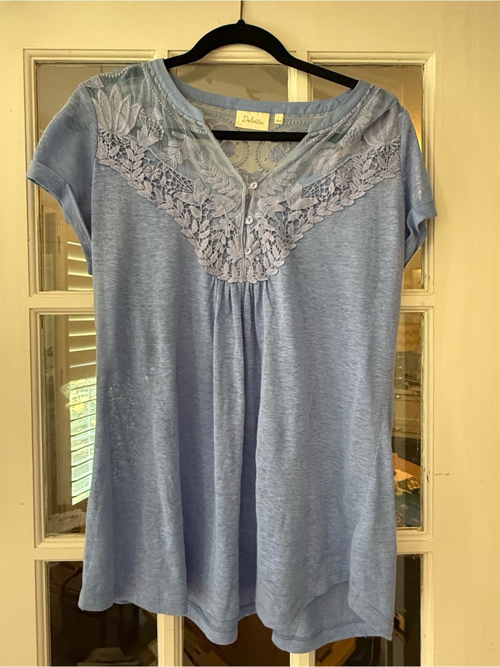 Deletta Light Blue Lace Yoke Cap Sleeve Top